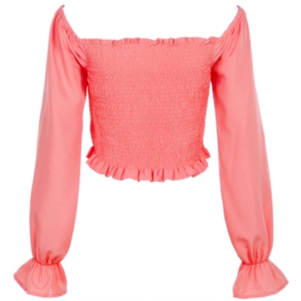 🆕 True Destiny Women’s Smocked Solid Ruffle Pink Peasant Off-the-shoulder Top - Picture 2 of 8